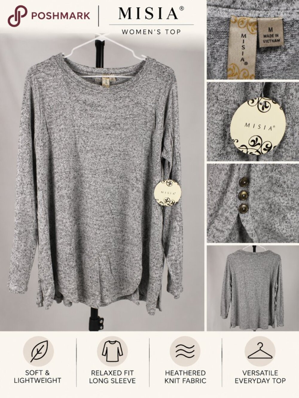 NWT MISIA Heather Gray Side Button Knit Sweater Top Size M